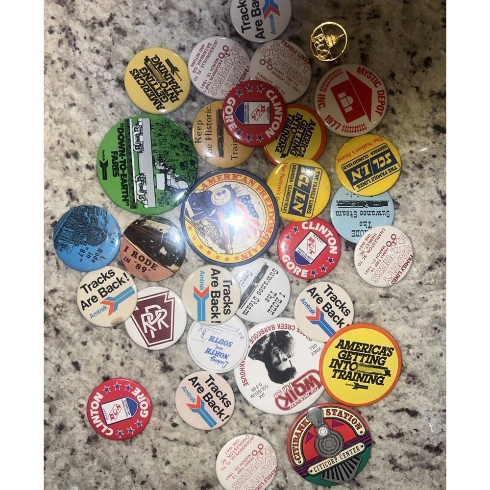 30 Vtg 70s 80s 90s Clinton Gore Railroad Railway Train Pins Button Amtrak B&O